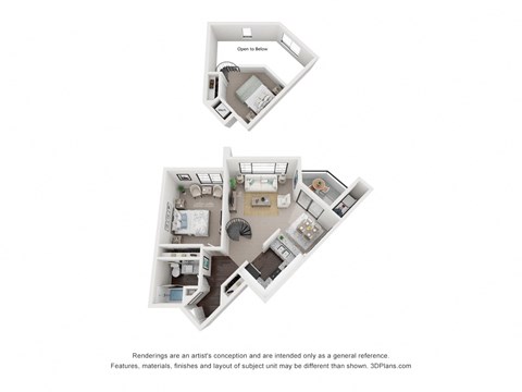 Floor plan for 1 bed, 1 bath, 877 sqft